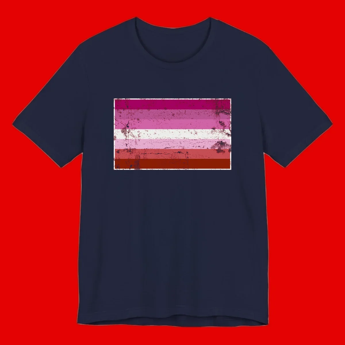 Distressed lesbian pride flag with seven horizontal stripes in magenta, pink, white, and red tones with grunge texture overlay