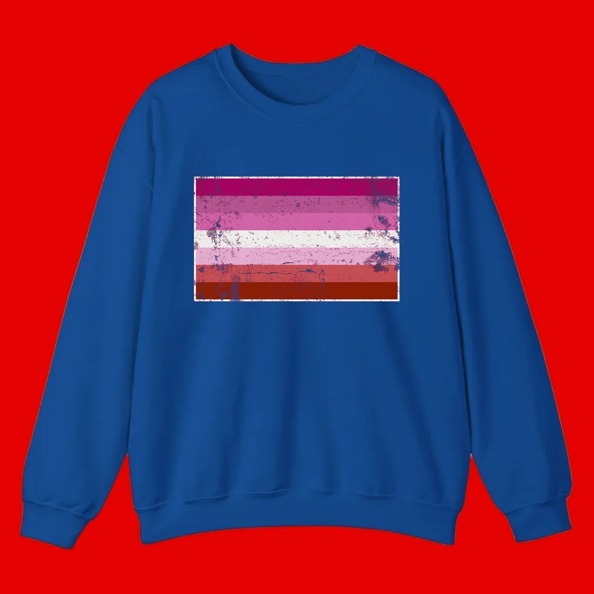 Distressed lesbian pride flag with seven horizontal stripes in magenta, pink, white, and red tones with grunge texture overlay
