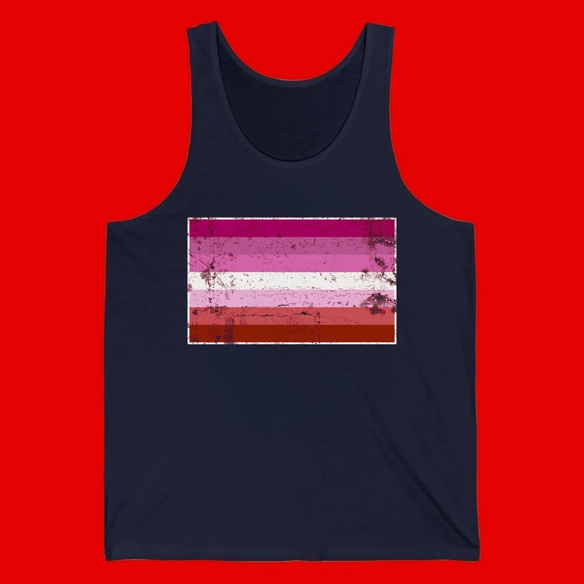 Distressed lesbian pride flag with seven horizontal stripes in magenta, pink, white, and red tones with grunge texture overlay
