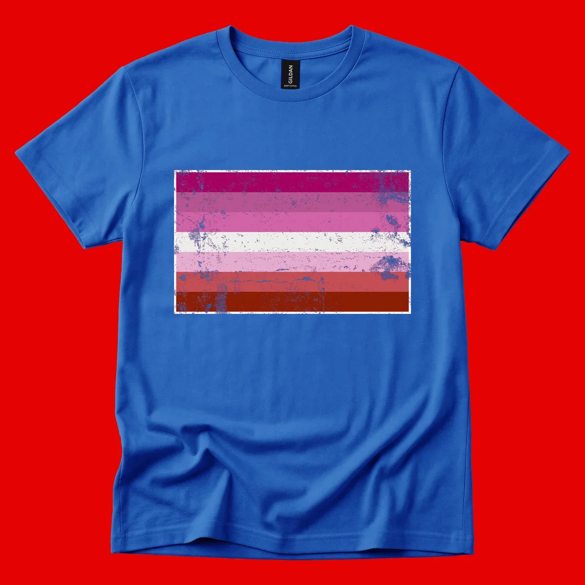 Distressed lesbian pride flag with seven horizontal stripes in magenta, pink, white, and red tones with grunge texture overlay