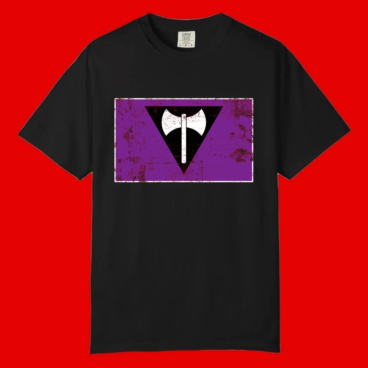 White double-headed axe on vertical cross against black inverted triangle on distressed purple grunge background
