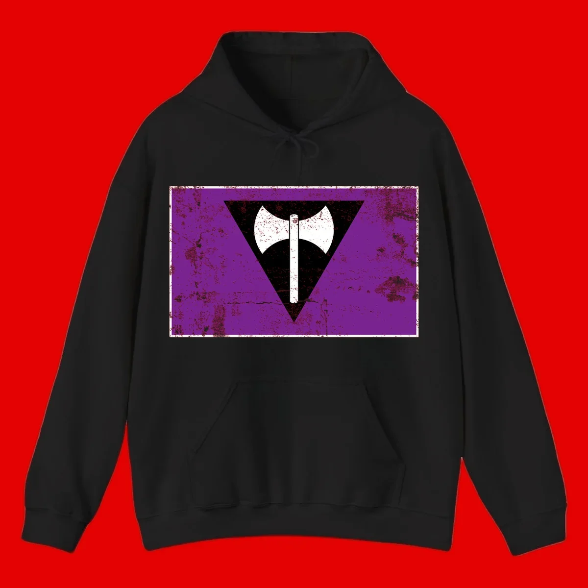 White double-headed axe on vertical cross against black inverted triangle on distressed purple grunge background