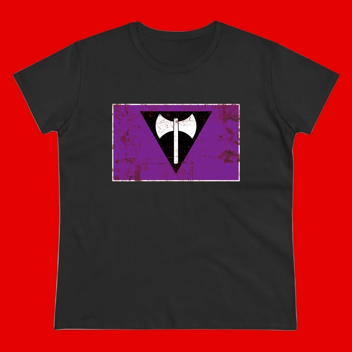 White double-headed axe on vertical cross against black inverted triangle on distressed purple grunge background