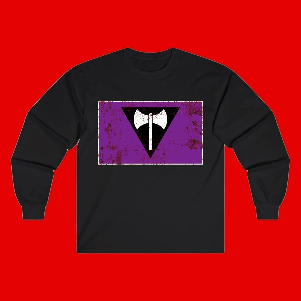 White double-headed axe on vertical cross against black inverted triangle on distressed purple grunge background