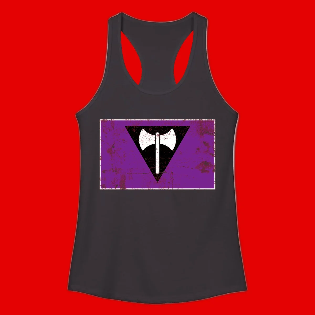 White double-headed axe on vertical cross against black inverted triangle on distressed purple grunge background