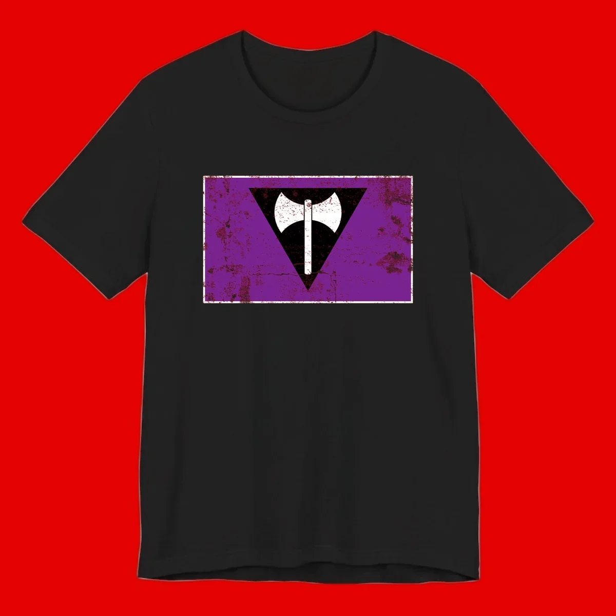 White double-headed axe on vertical cross against black inverted triangle on distressed purple grunge background