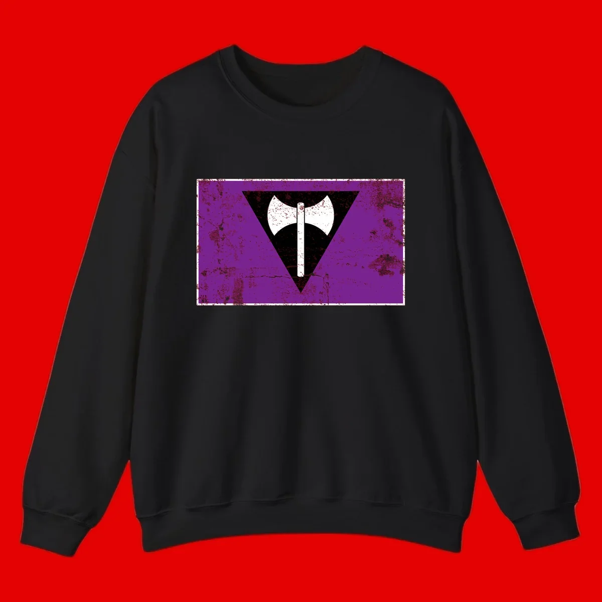 White double-headed axe on vertical cross against black inverted triangle on distressed purple grunge background