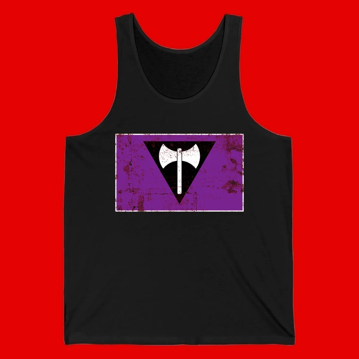 White double-headed axe on vertical cross against black inverted triangle on distressed purple grunge background