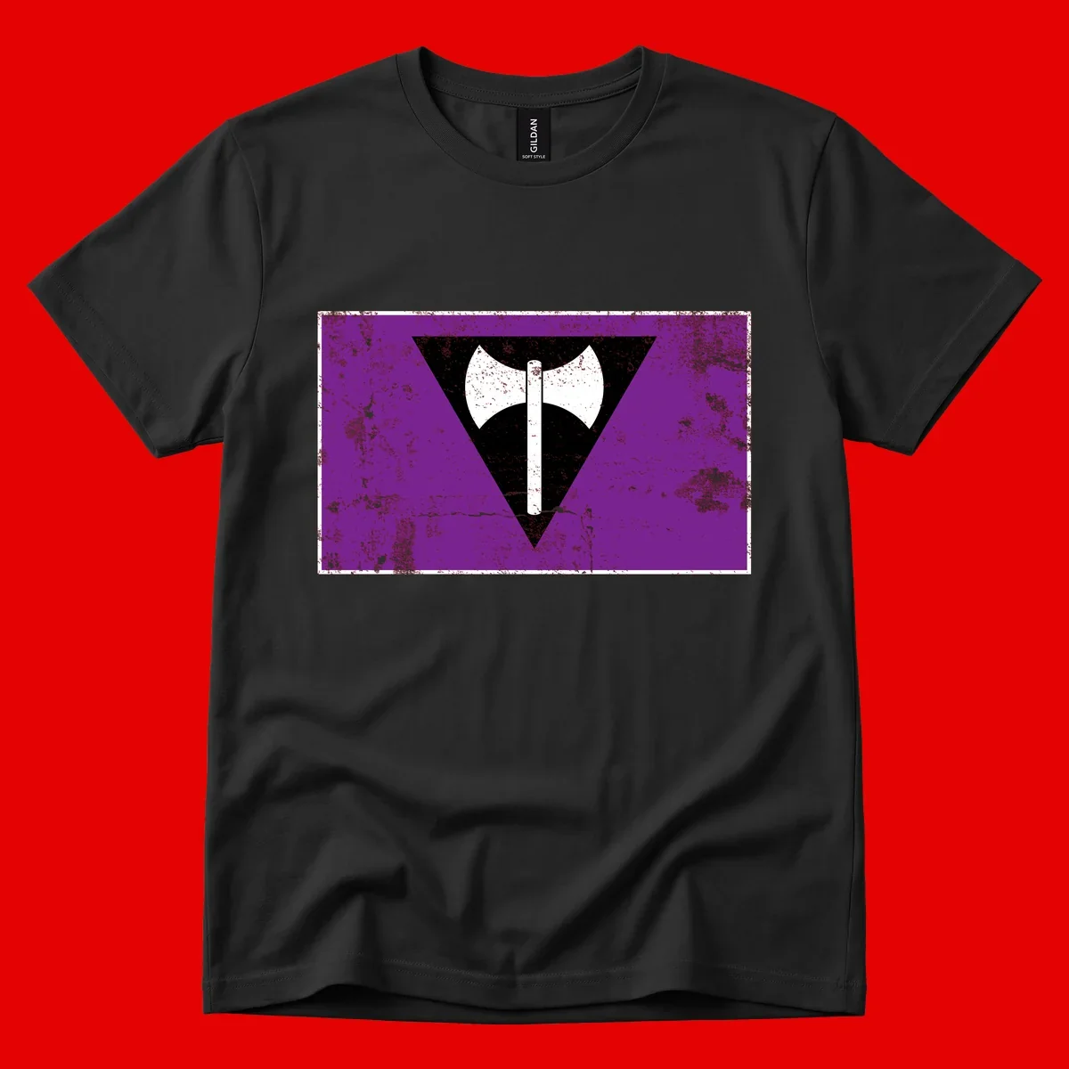 White double-headed axe on vertical cross against black inverted triangle on distressed purple grunge background