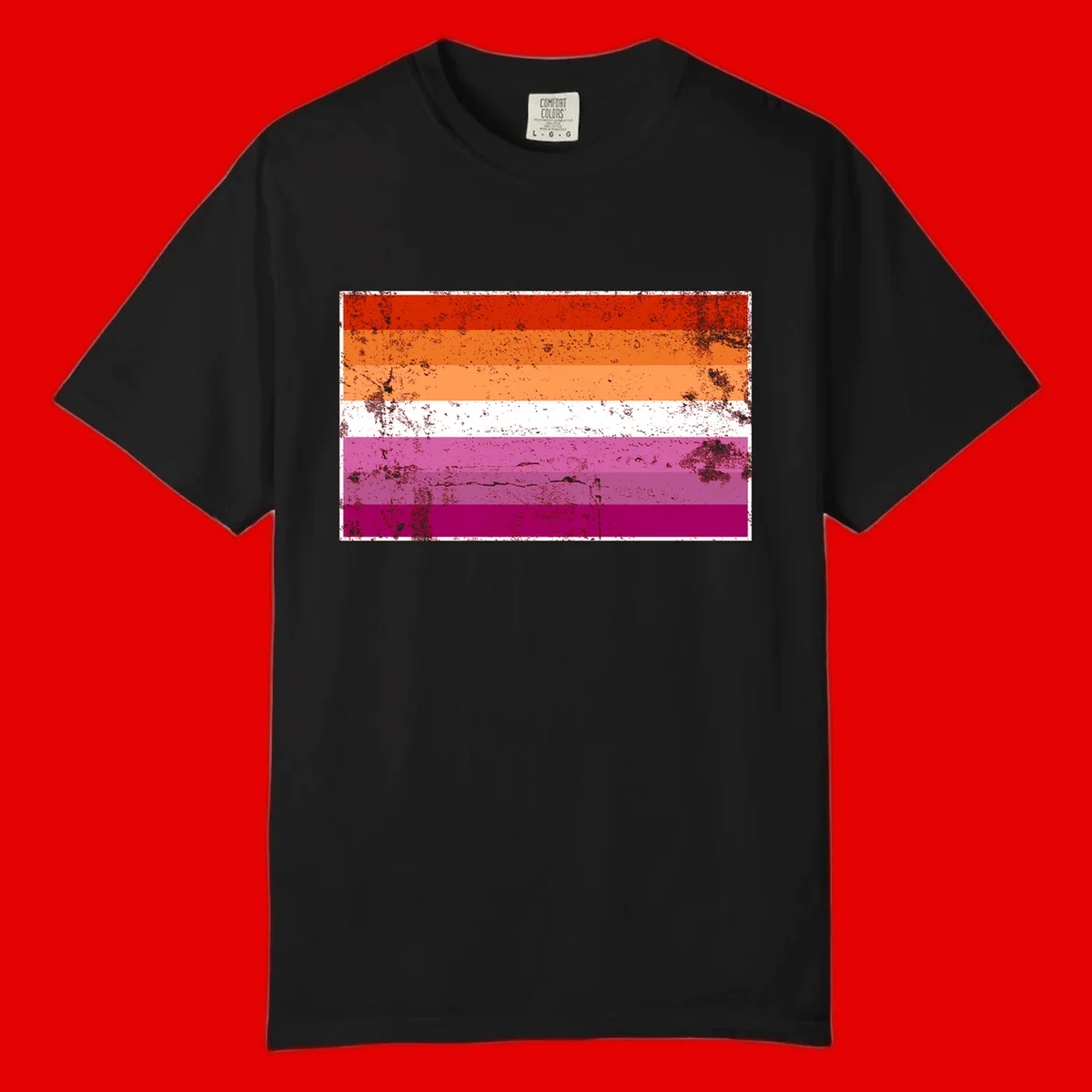 Lesbian pride flag with seven horizontal stripes in red, orange, peach, white, hot pink, magenta, and deep magenta, featuring grunge distressed texture throughout