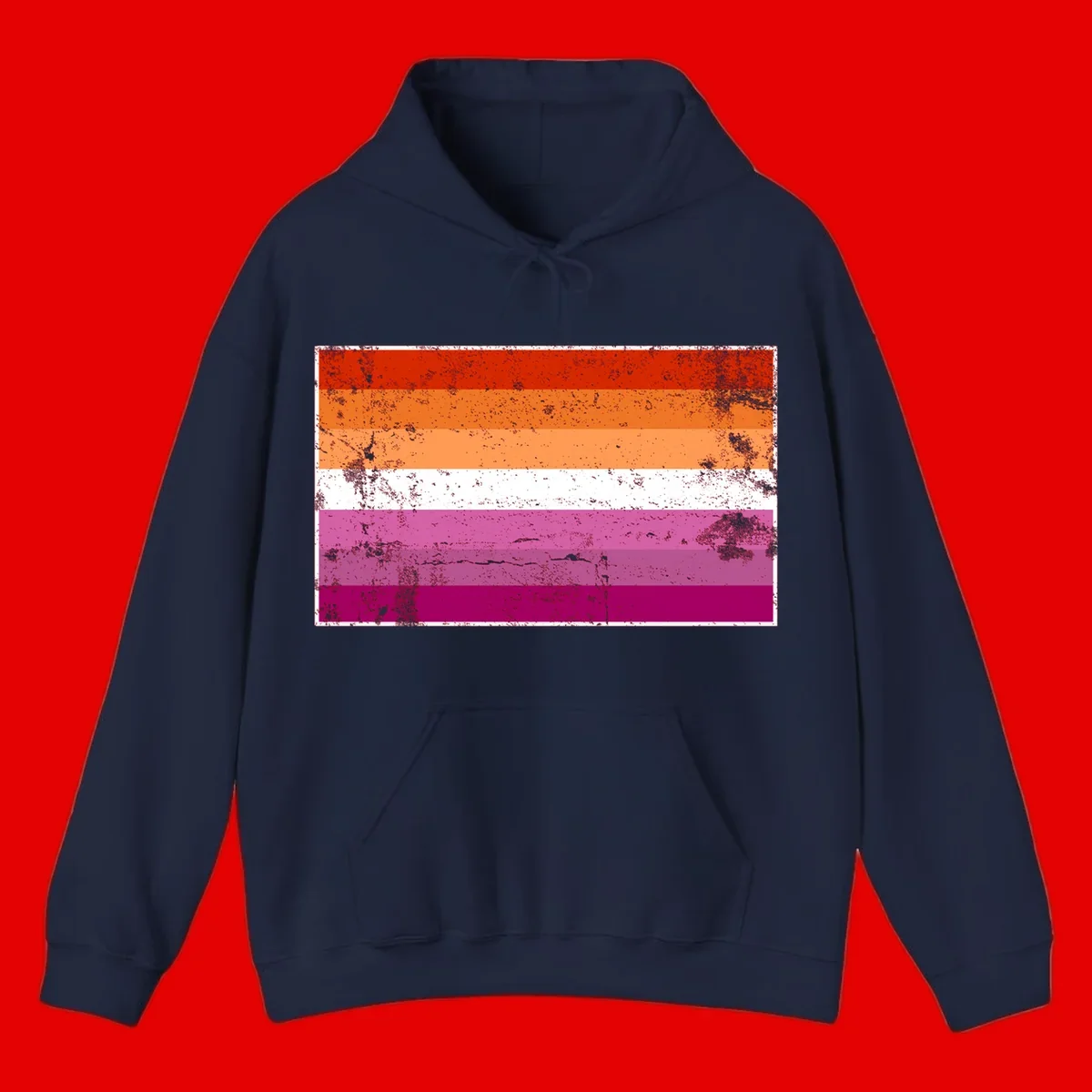 Lesbian pride flag with seven horizontal stripes in red, orange, peach, white, hot pink, magenta, and deep magenta, featuring grunge distressed texture throughout