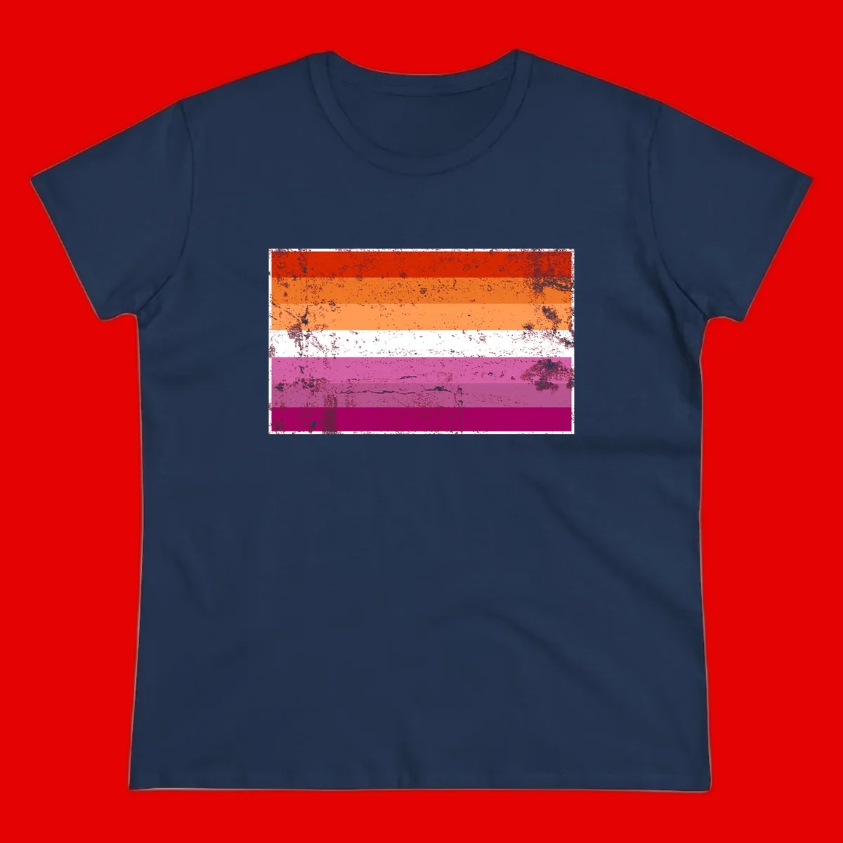 Lesbian pride flag with seven horizontal stripes in red, orange, peach, white, hot pink, magenta, and deep magenta, featuring grunge distressed texture throughout