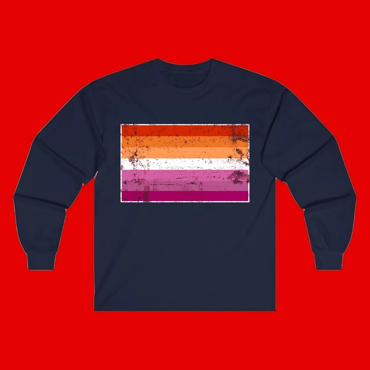Lesbian pride flag with seven horizontal stripes in red, orange, peach, white, hot pink, magenta, and deep magenta, featuring grunge distressed texture throughout