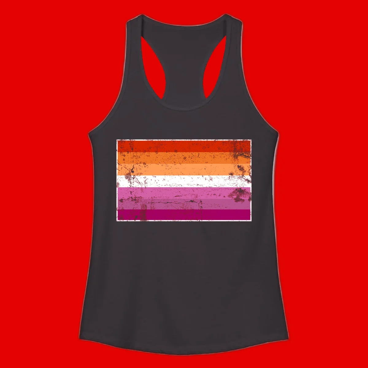 Lesbian pride flag with seven horizontal stripes in red, orange, peach, white, hot pink, magenta, and deep magenta, featuring grunge distressed texture throughout