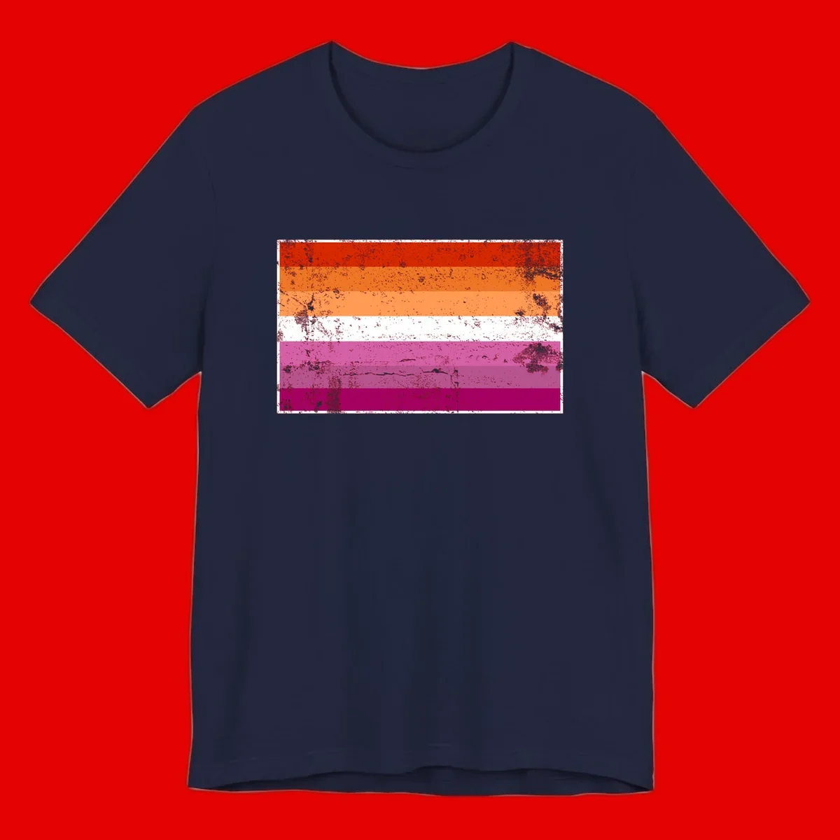 Lesbian pride flag with seven horizontal stripes in red, orange, peach, white, hot pink, magenta, and deep magenta, featuring grunge distressed texture throughout