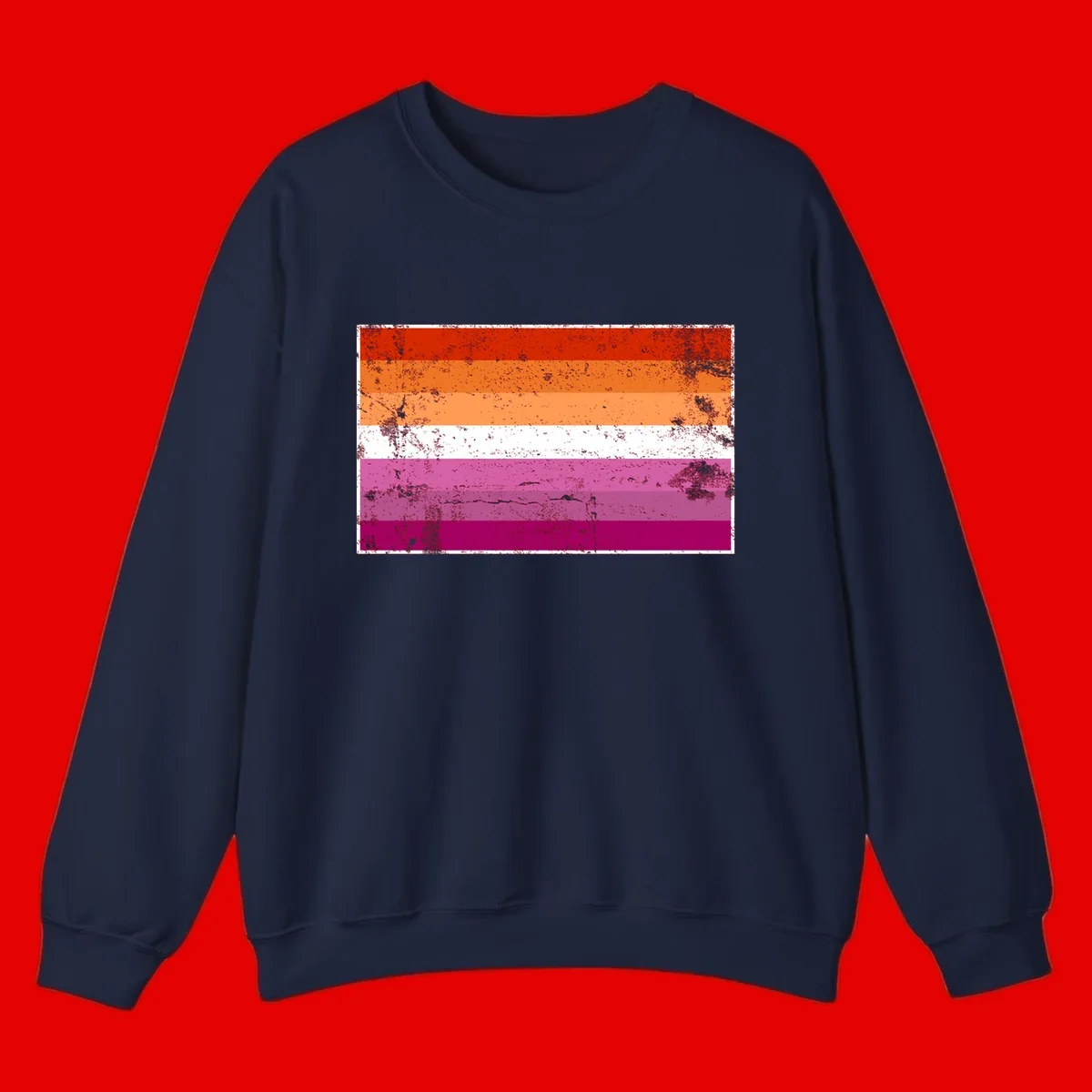 Lesbian pride flag with seven horizontal stripes in red, orange, peach, white, hot pink, magenta, and deep magenta, featuring grunge distressed texture throughout