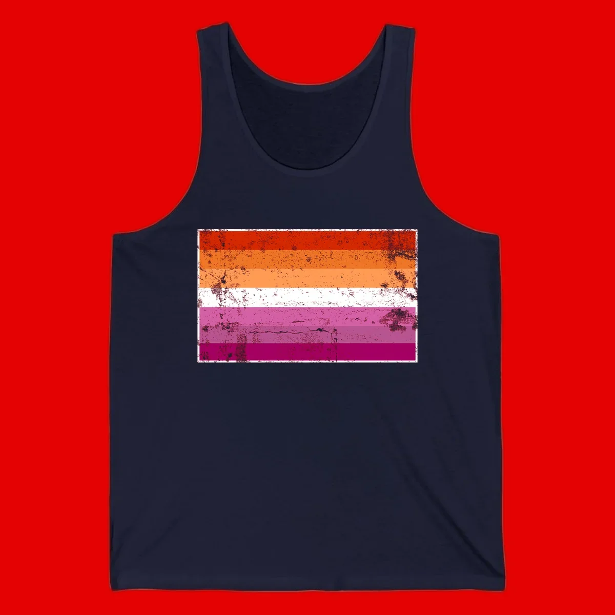 Lesbian pride flag with seven horizontal stripes in red, orange, peach, white, hot pink, magenta, and deep magenta, featuring grunge distressed texture throughout