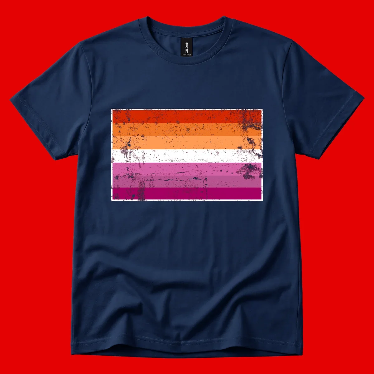 Lesbian pride flag with seven horizontal stripes in red, orange, peach, white, hot pink, magenta, and deep magenta, featuring grunge distressed texture throughout