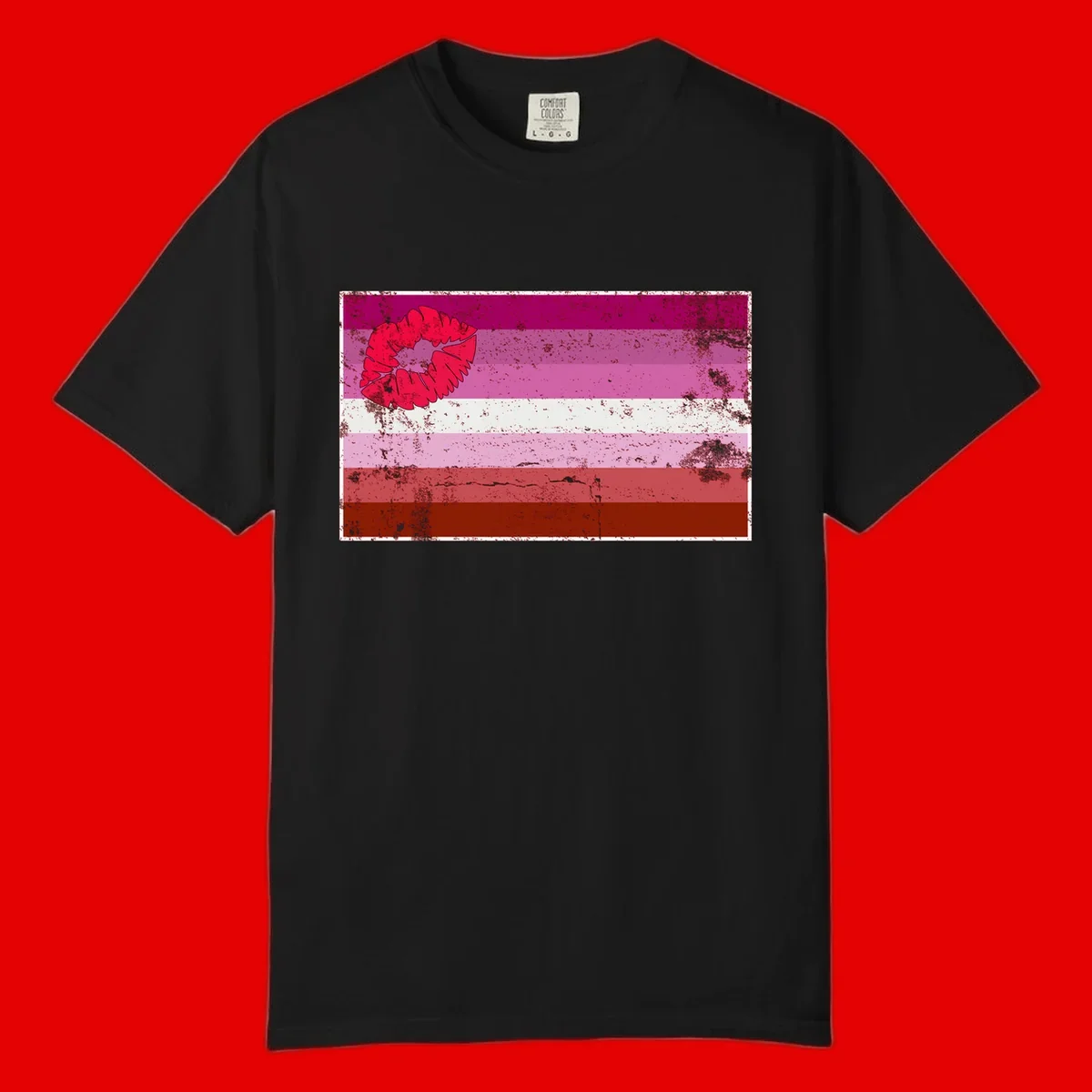 Red lipstick kiss mark overlaying horizontal striped pride flag with distressed grunge texture