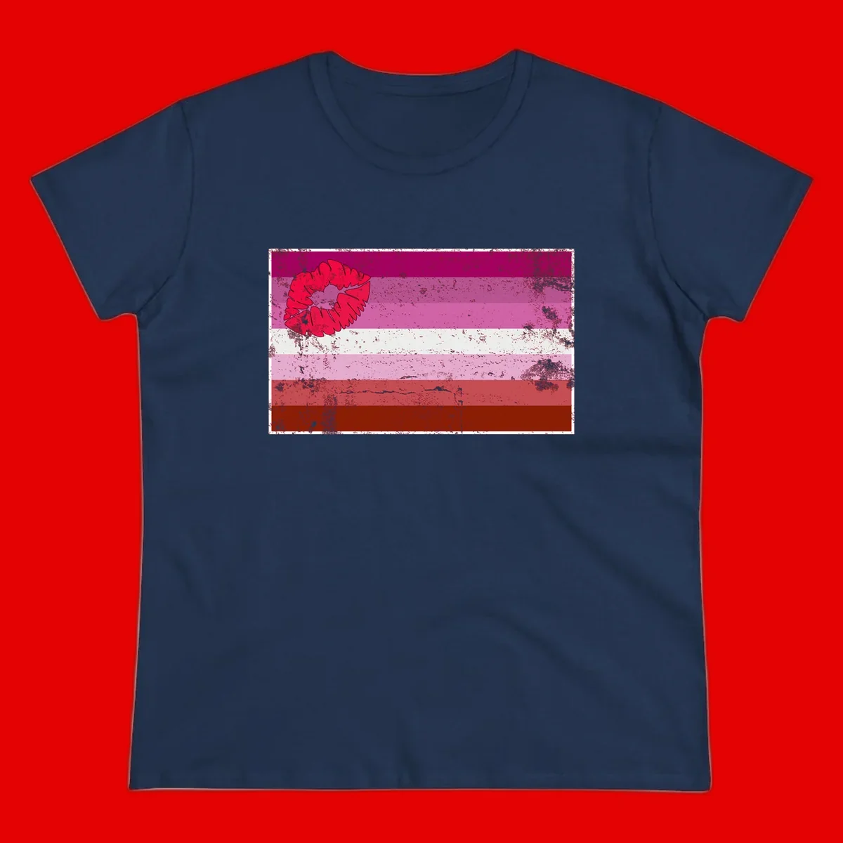 Red lipstick kiss mark overlaying horizontal striped pride flag with distressed grunge texture