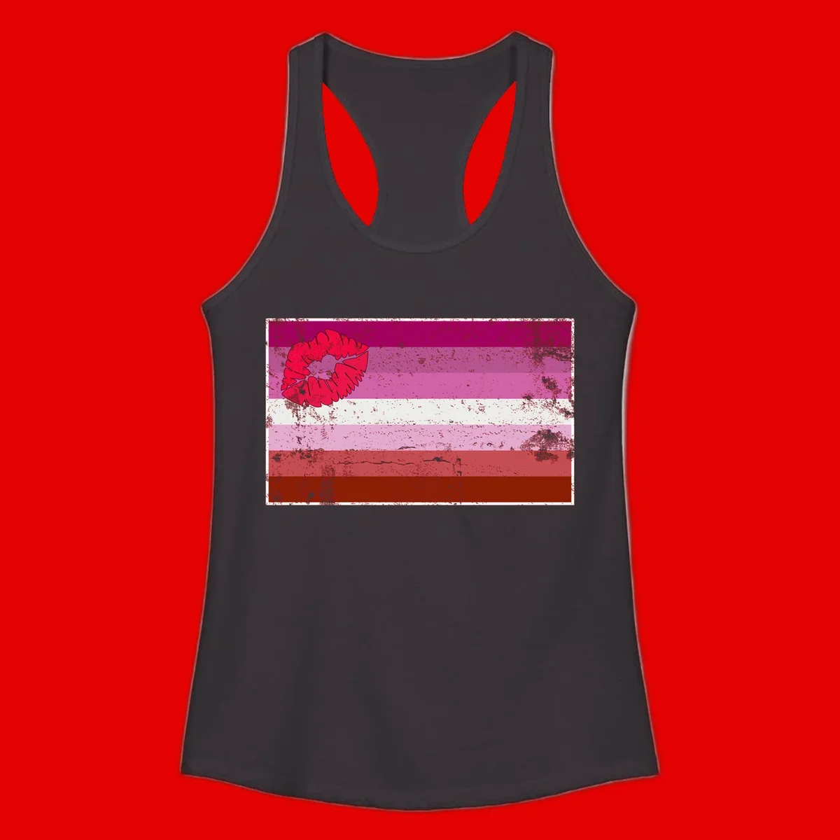 Red lipstick kiss mark overlaying horizontal striped pride flag with distressed grunge texture