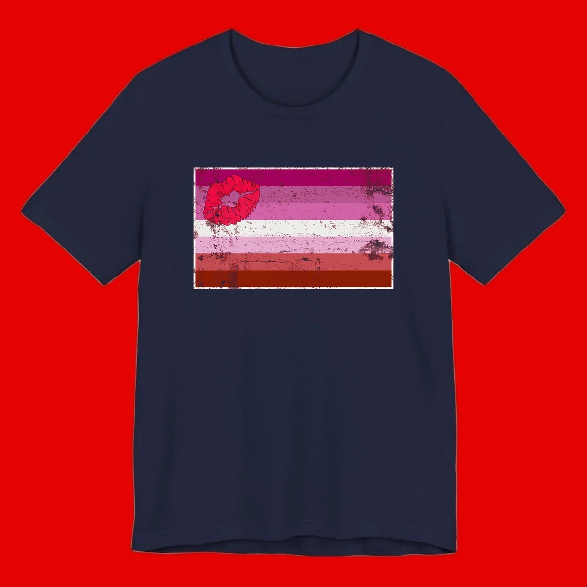 Red lipstick kiss mark overlaying horizontal striped pride flag with distressed grunge texture