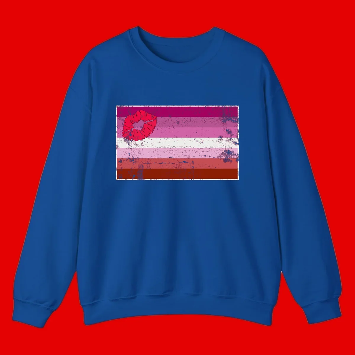 Red lipstick kiss mark overlaying horizontal striped pride flag with distressed grunge texture
