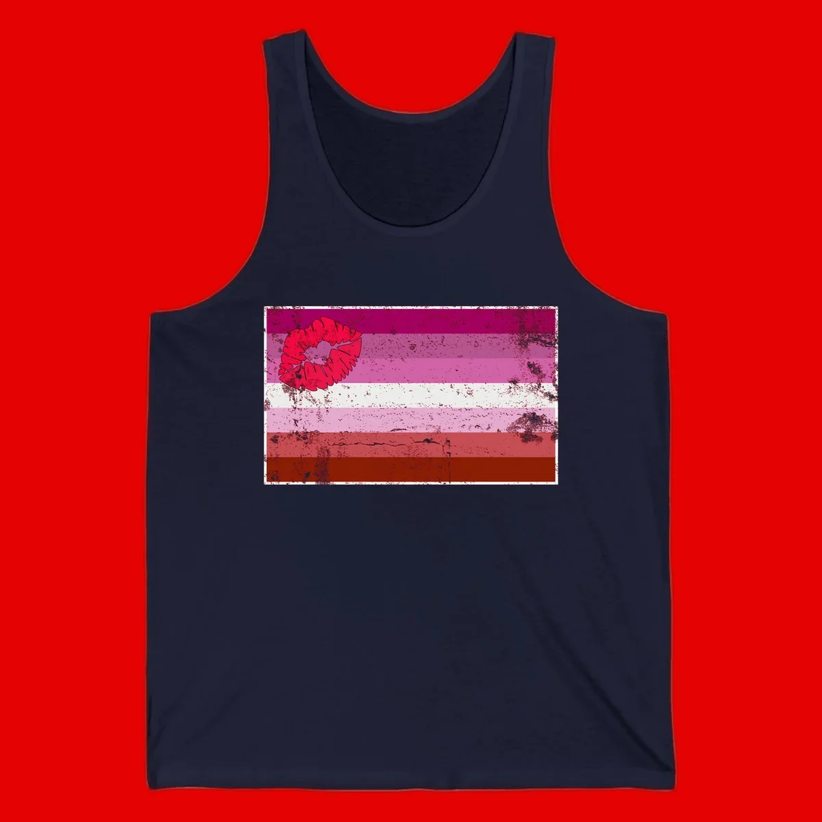 Red lipstick kiss mark overlaying horizontal striped pride flag with distressed grunge texture
