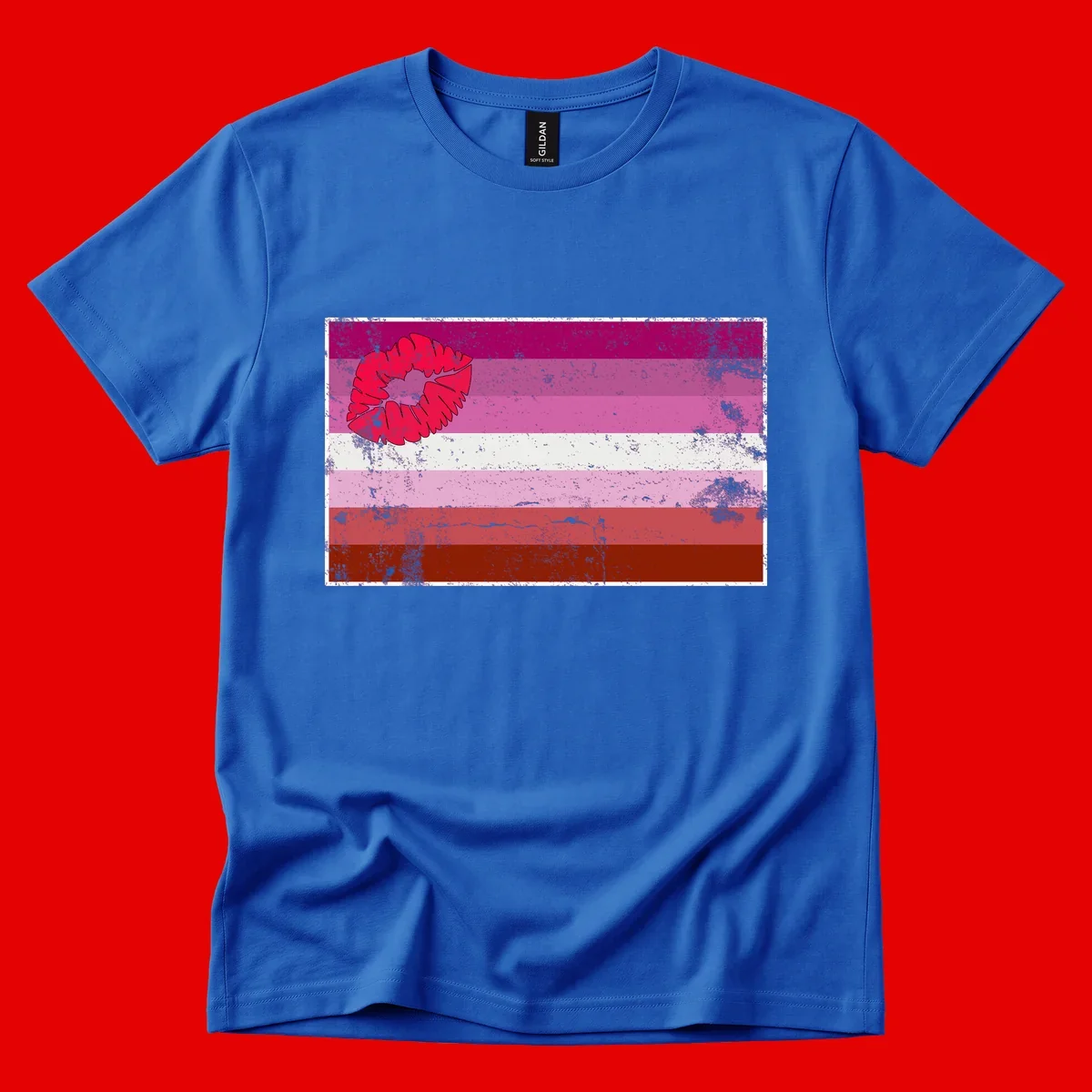 Red lipstick kiss mark overlaying horizontal striped pride flag with distressed grunge texture