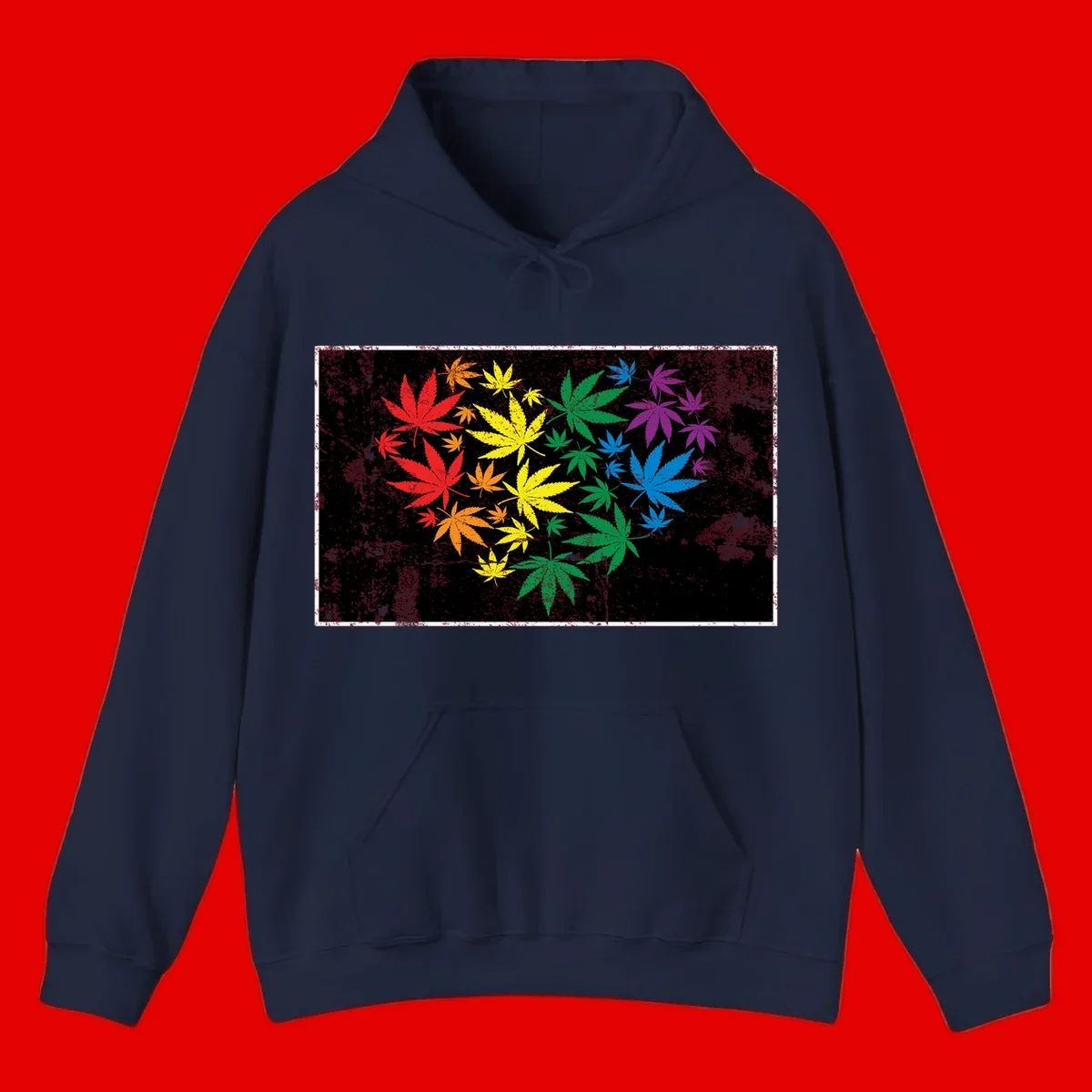 Rainbow cannabis leaves in red, orange, yellow, green, blue, and purple arranged on distressed black background