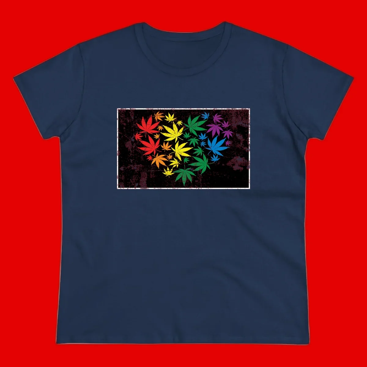 Rainbow cannabis leaves in red, orange, yellow, green, blue, and purple arranged on distressed black background