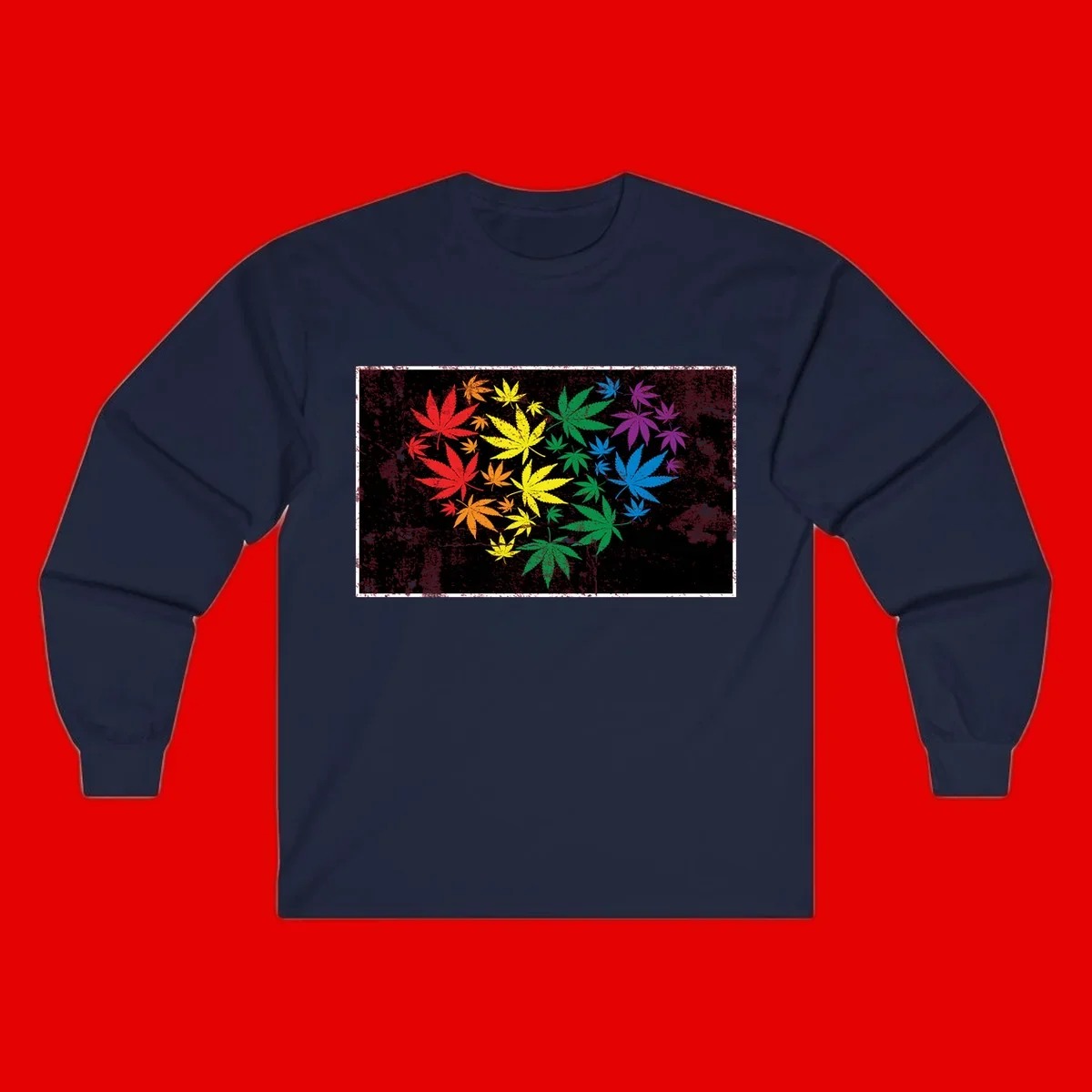 Rainbow cannabis leaves in red, orange, yellow, green, blue, and purple arranged on distressed black background