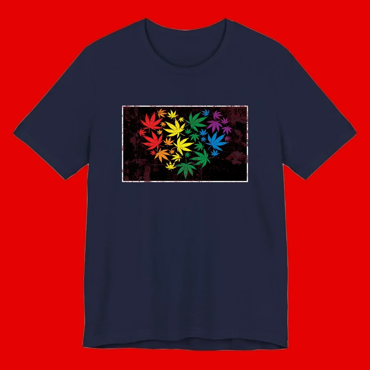 Rainbow cannabis leaves in red, orange, yellow, green, blue, and purple arranged on distressed black background