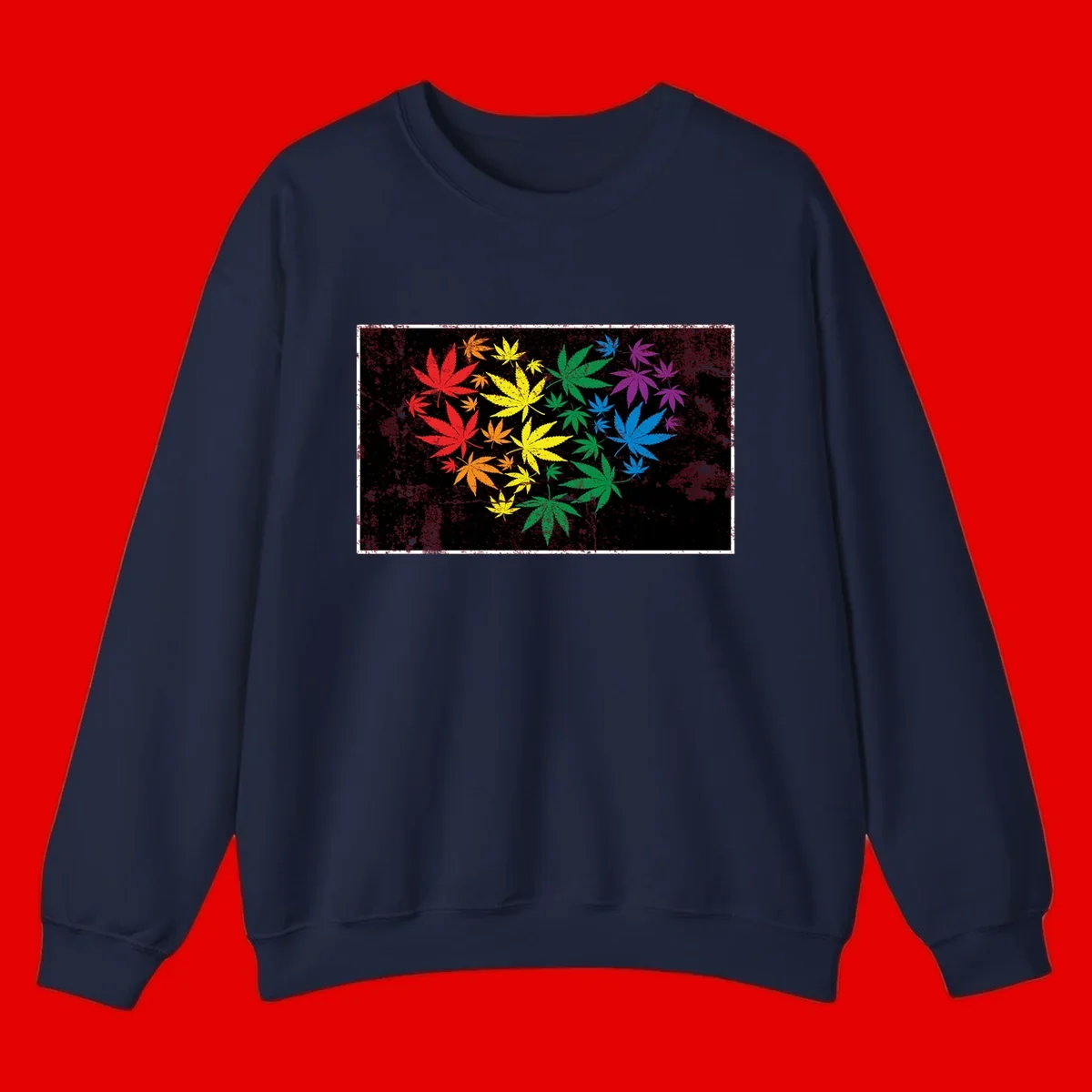 Rainbow cannabis leaves in red, orange, yellow, green, blue, and purple arranged on distressed black background