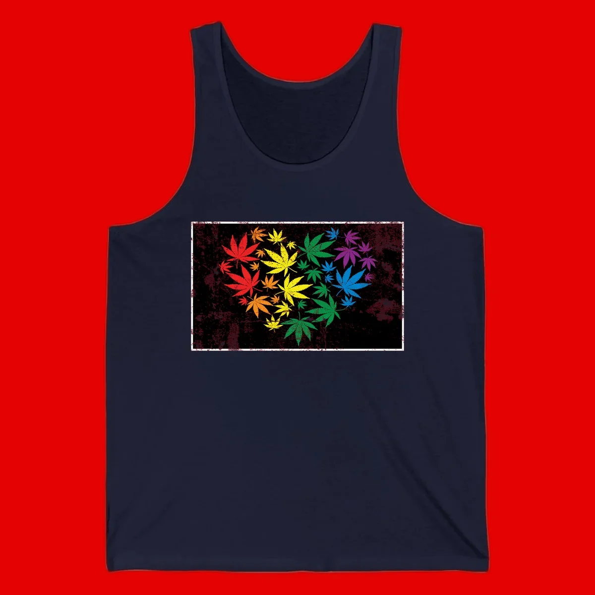 Rainbow cannabis leaves in red, orange, yellow, green, blue, and purple arranged on distressed black background