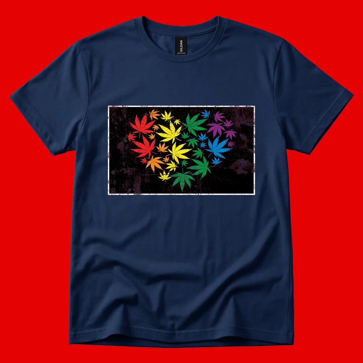 Rainbow cannabis leaves in red, orange, yellow, green, blue, and purple arranged on distressed black background