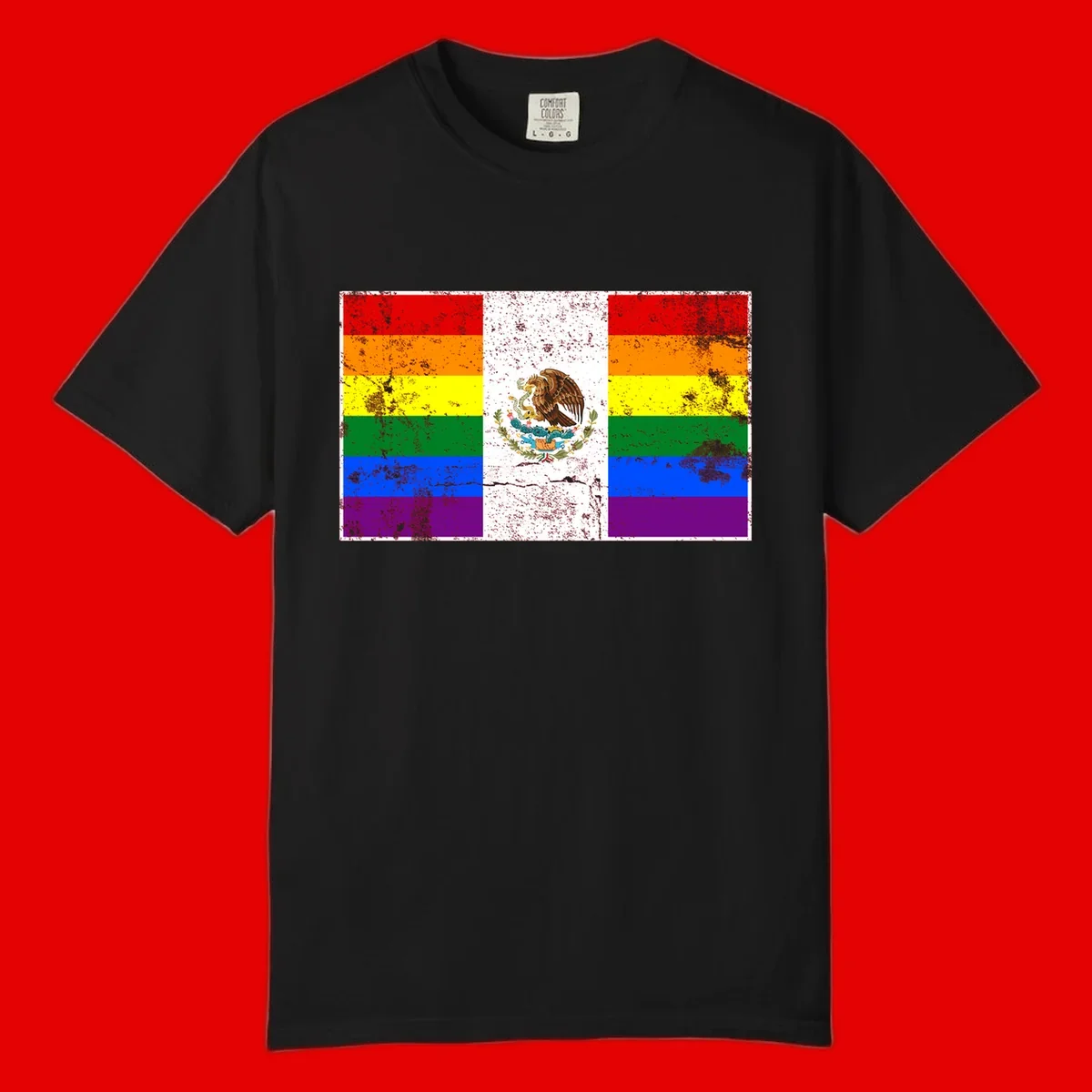 Mexico pride flag fusion design featuring rainbow and Mexican flag stripes with golden eagle emblem and grunge texture