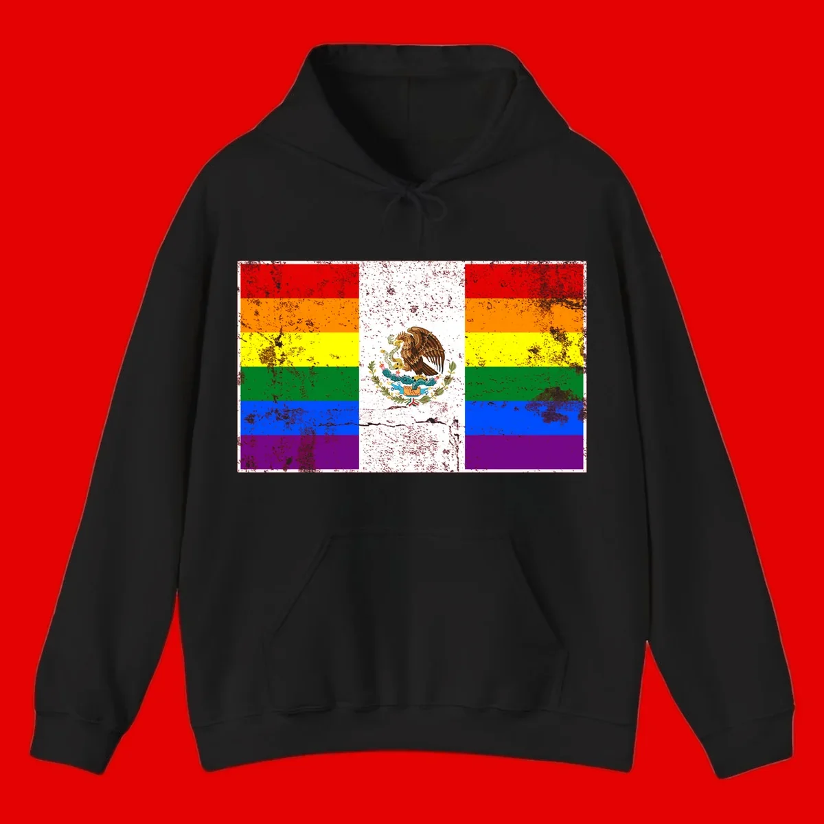 Mexico pride flag fusion design featuring rainbow and Mexican flag stripes with golden eagle emblem and grunge texture