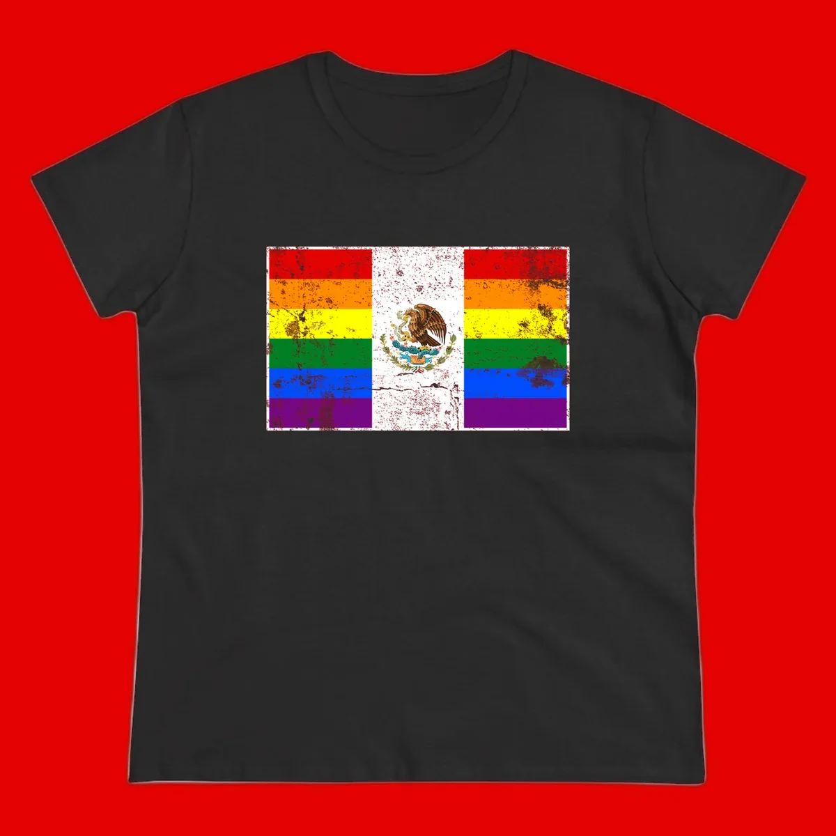 Mexico pride flag fusion design featuring rainbow and Mexican flag stripes with golden eagle emblem and grunge texture