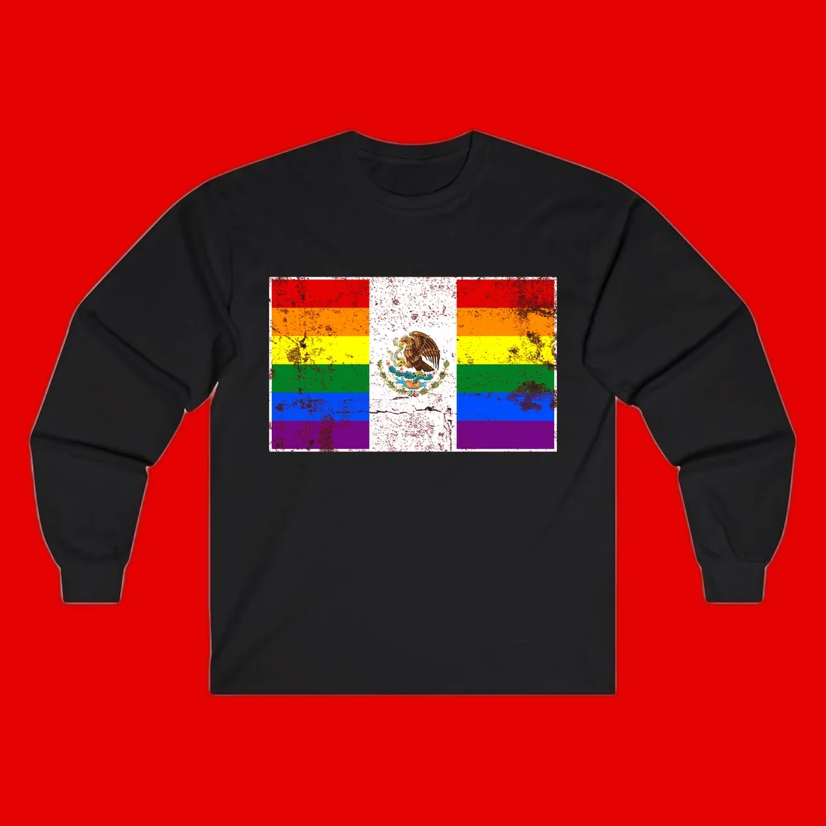 Mexico pride flag fusion design featuring rainbow and Mexican flag stripes with golden eagle emblem and grunge texture