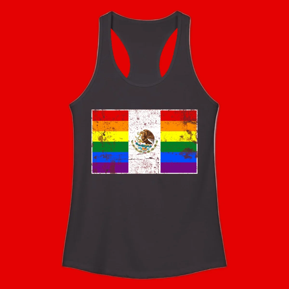 Mexico pride flag fusion design featuring rainbow and Mexican flag stripes with golden eagle emblem and grunge texture