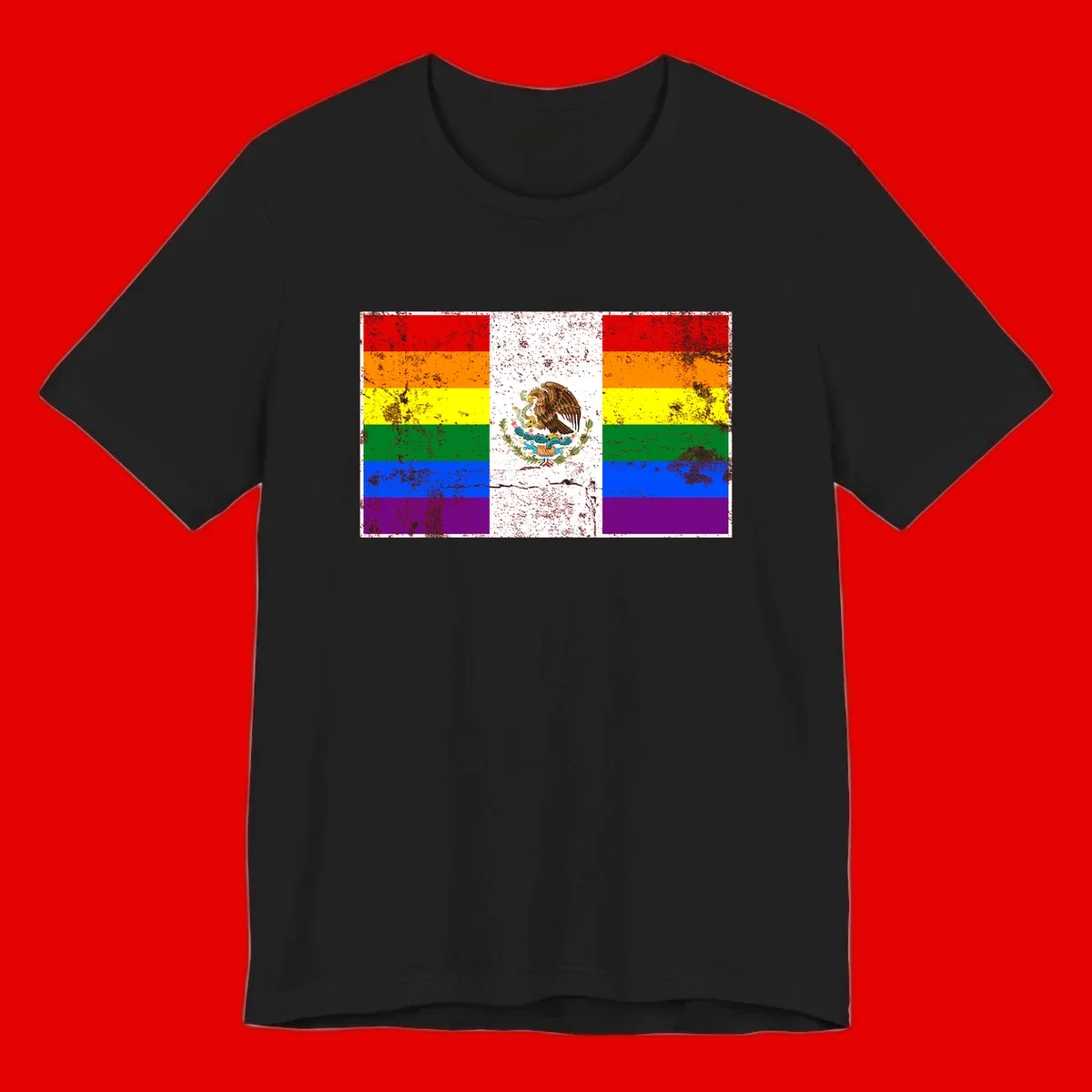 Mexico pride flag fusion design featuring rainbow and Mexican flag stripes with golden eagle emblem and grunge texture