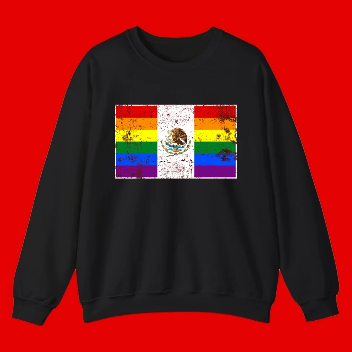 Mexico pride flag fusion design featuring rainbow and Mexican flag stripes with golden eagle emblem and grunge texture