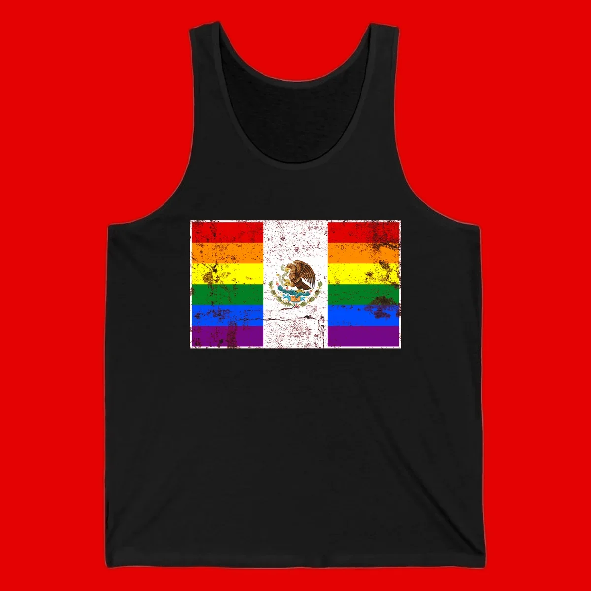 Mexico pride flag fusion design featuring rainbow and Mexican flag stripes with golden eagle emblem and grunge texture