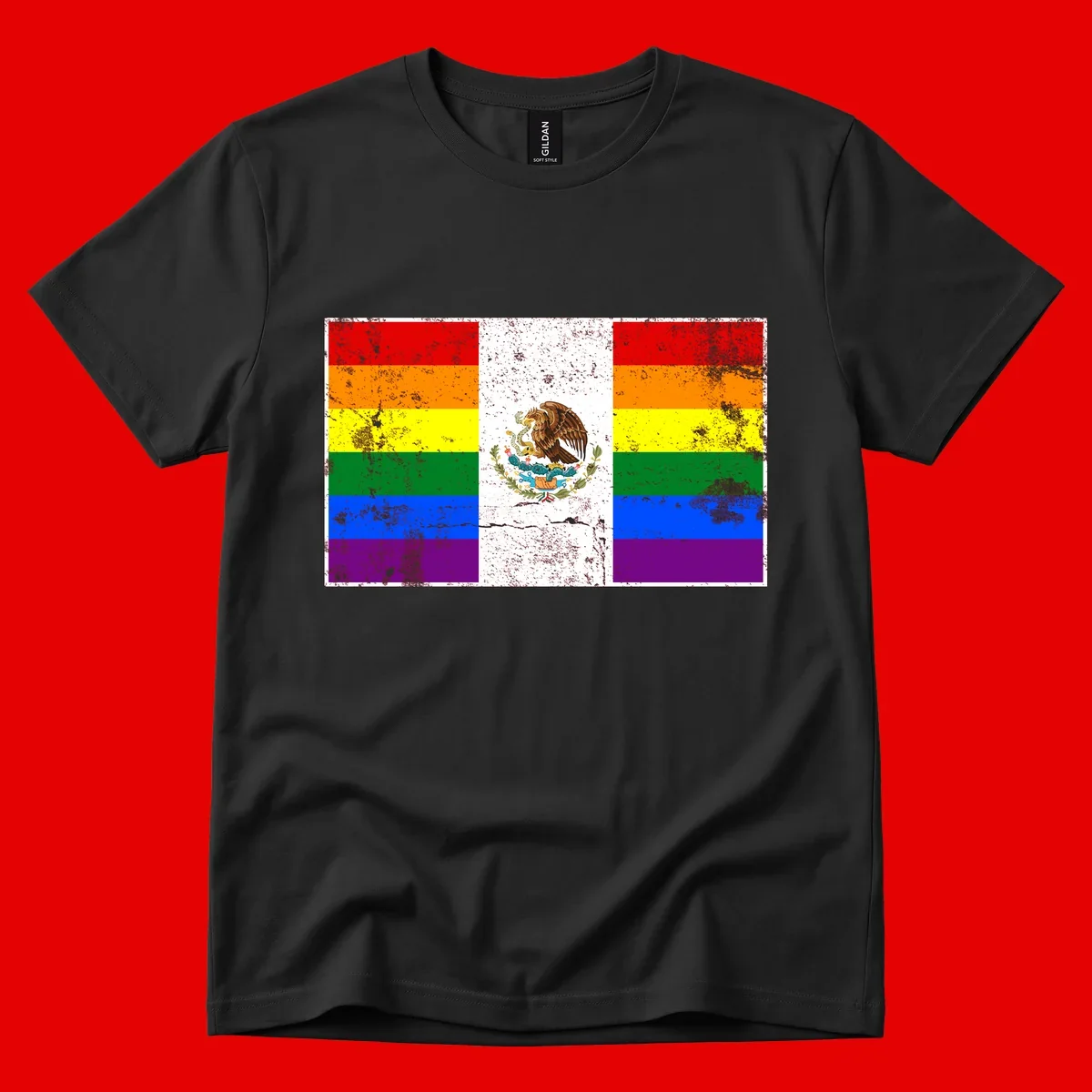 Mexico pride flag fusion design featuring rainbow and Mexican flag stripes with golden eagle emblem and grunge texture