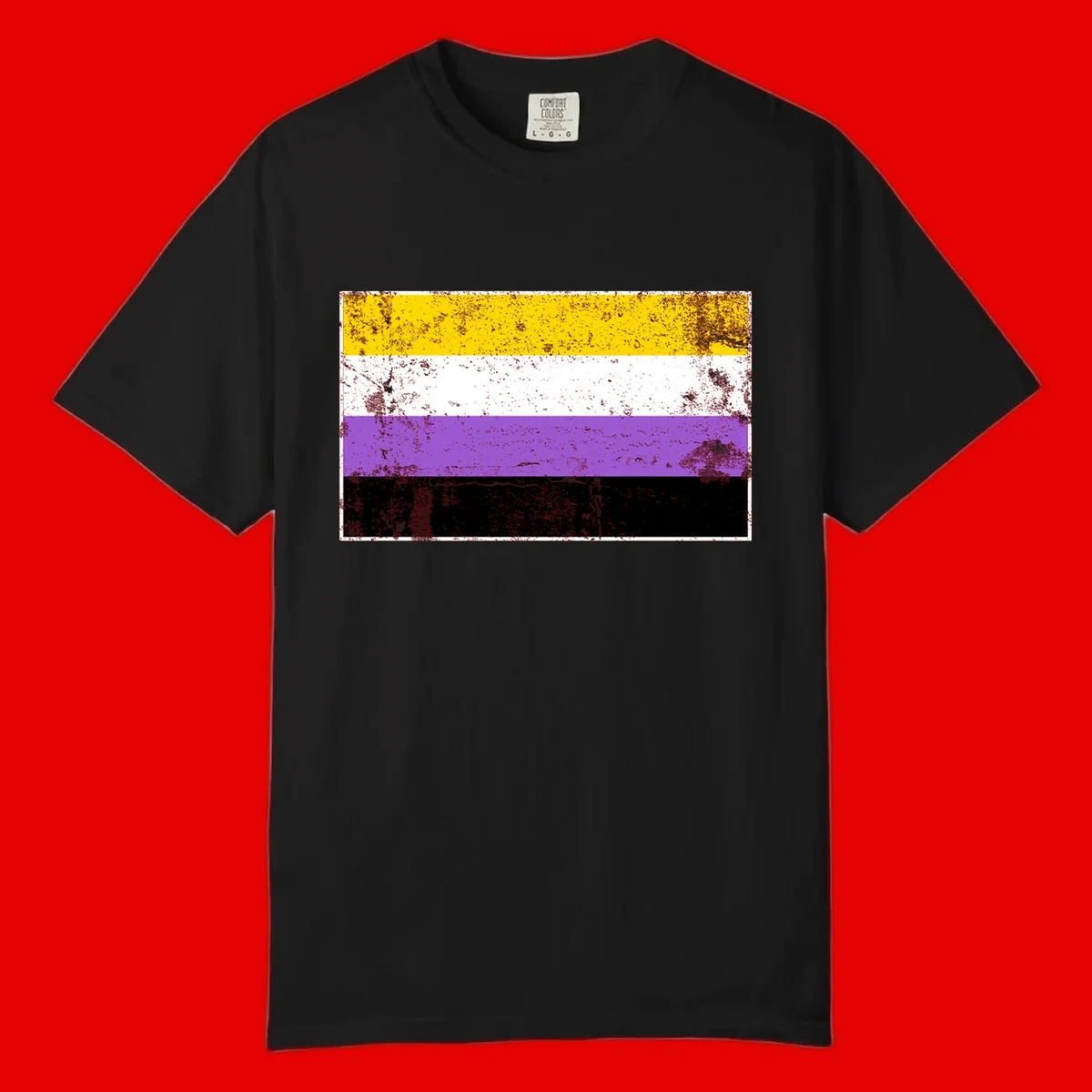 Nonbinary pride flag with yellow, white, purple, and black horizontal stripes featuring distressed grunge texture overlay