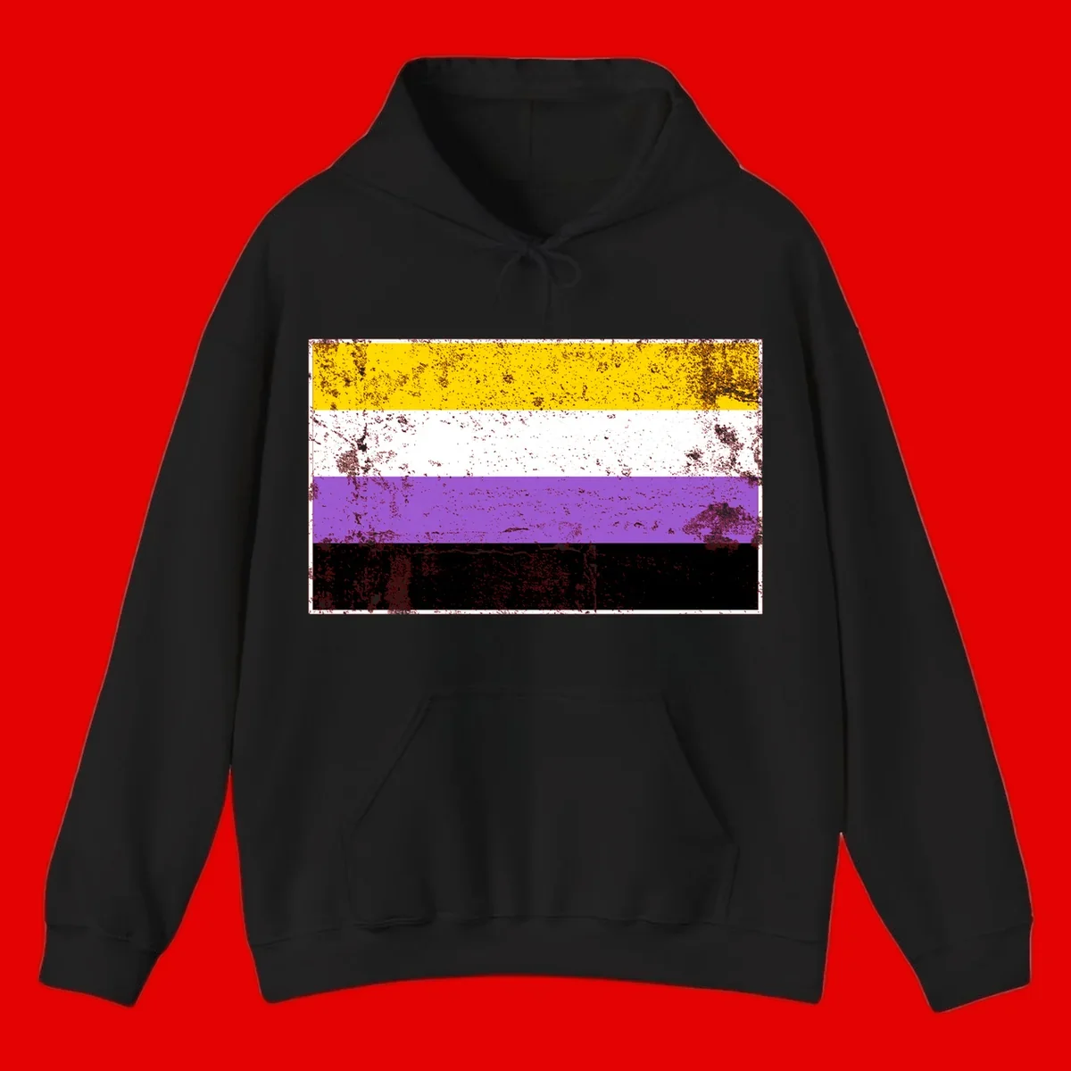 Nonbinary pride flag with yellow, white, purple, and black horizontal stripes featuring distressed grunge texture overlay