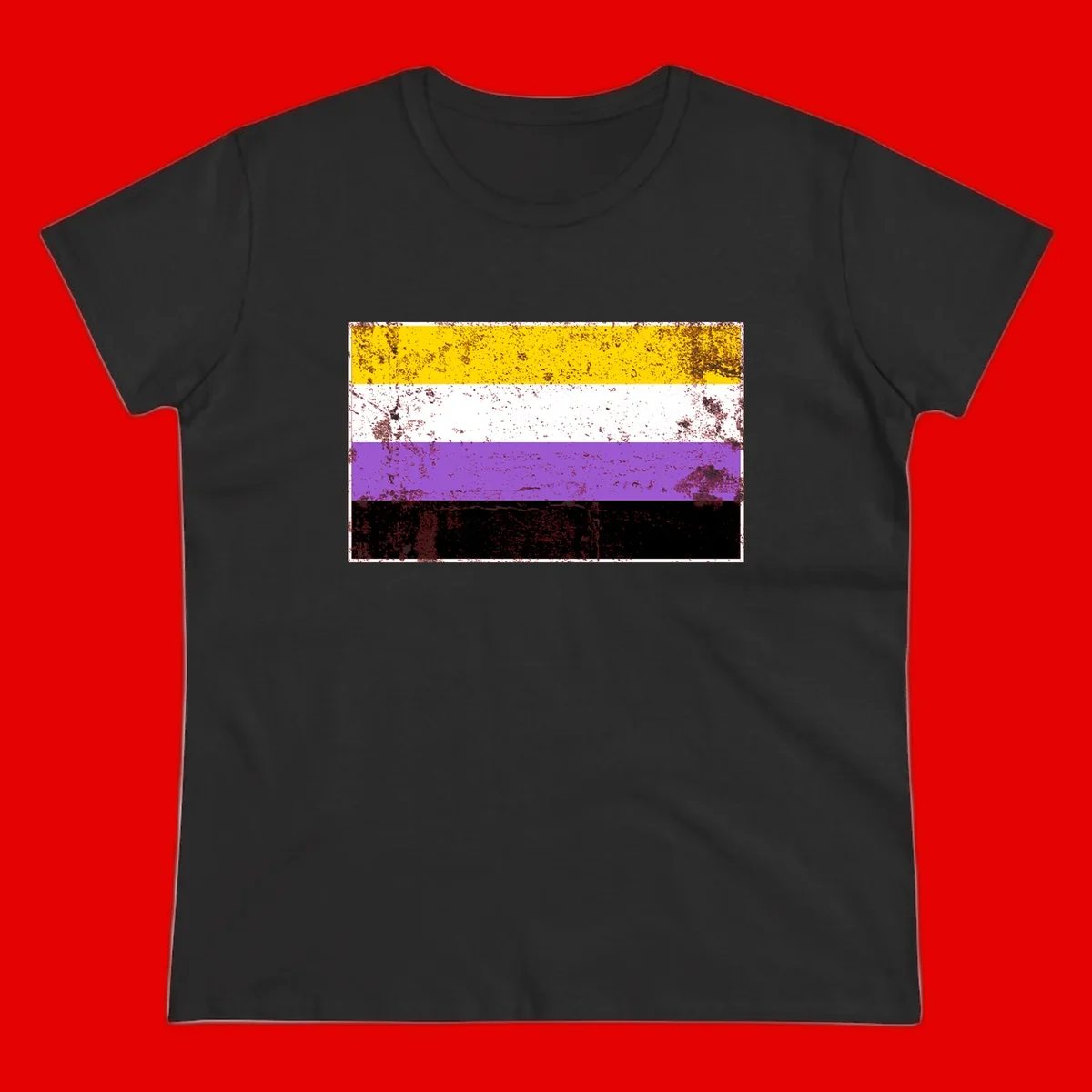 Nonbinary pride flag with yellow, white, purple, and black horizontal stripes featuring distressed grunge texture overlay