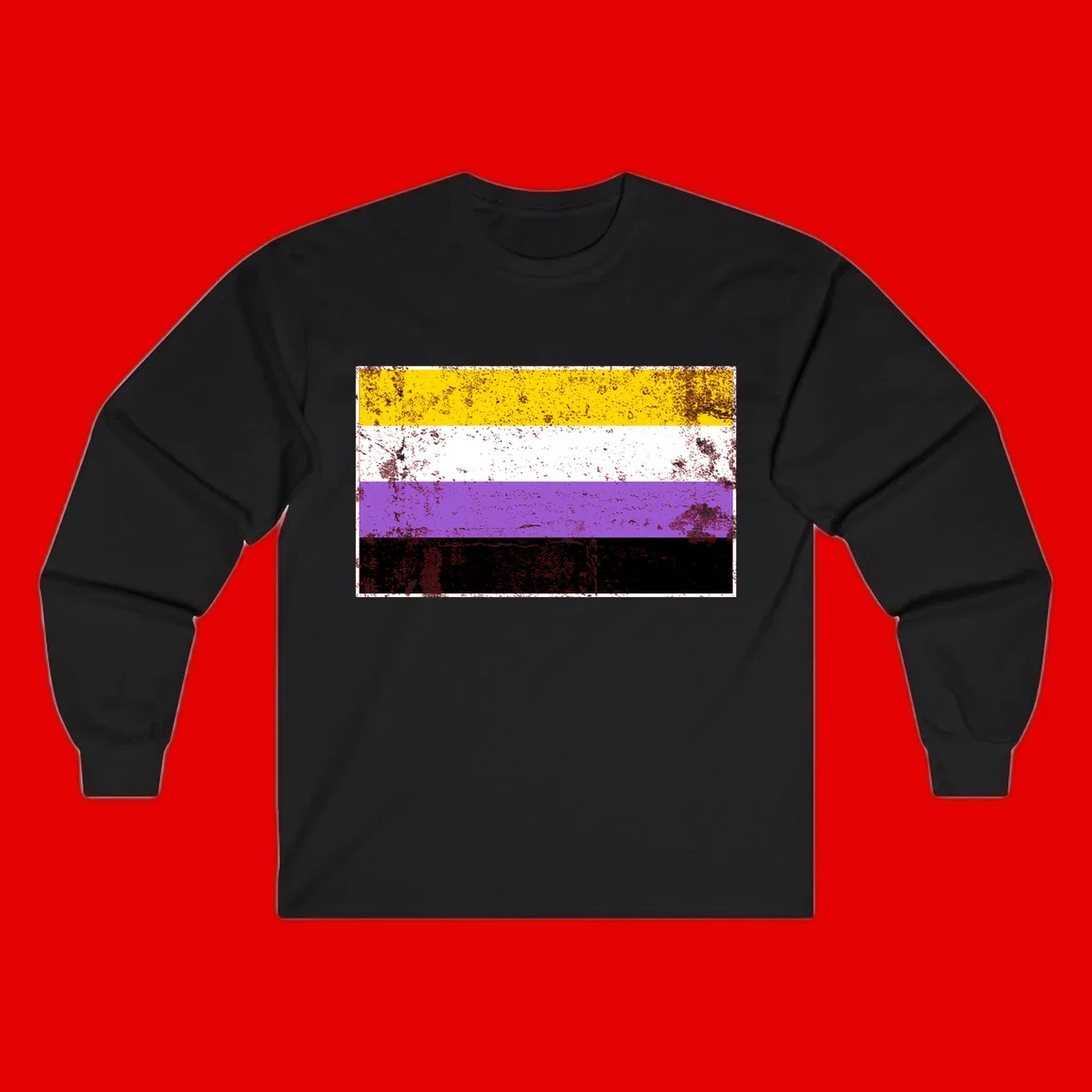 Nonbinary pride flag with yellow, white, purple, and black horizontal stripes featuring distressed grunge texture overlay
