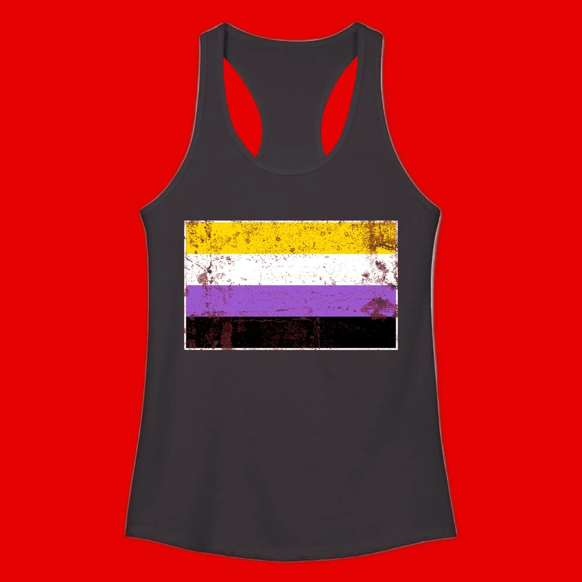 Nonbinary pride flag with yellow, white, purple, and black horizontal stripes featuring distressed grunge texture overlay
